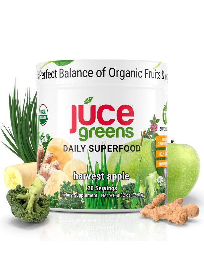 JUCE Green Superfood Powder, Organic Fruits and Veggies Supplement W/ 77 Superfoods Plus Prebiotic Probiotic Blend, Harvest Apple Flavor - 20 Servings (230 g) - By Terra Kai Organics