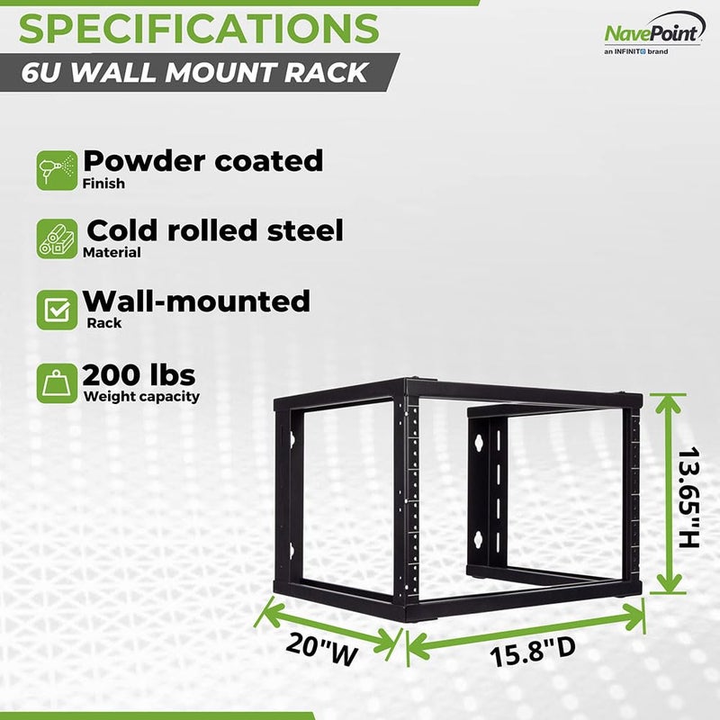 NavePoint 6U Wall Mount Open Frame 19 Inch Server Equipment Rack Threaded 16 inch Depth Black - Image 4
