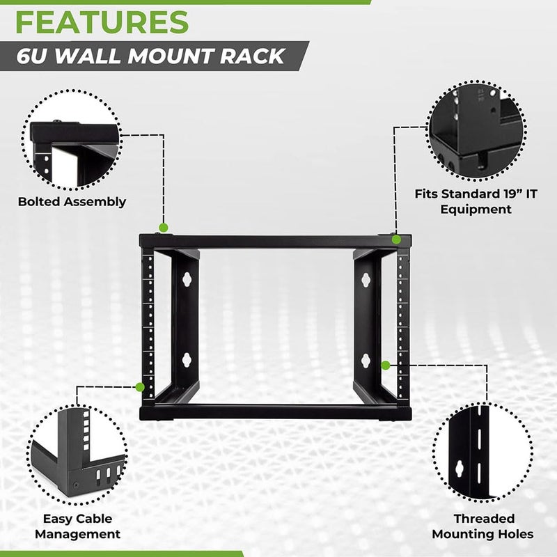 NavePoint 6U Wall Mount Open Frame 19 Inch Server Equipment Rack Threaded 16 inch Depth Black - Image 2