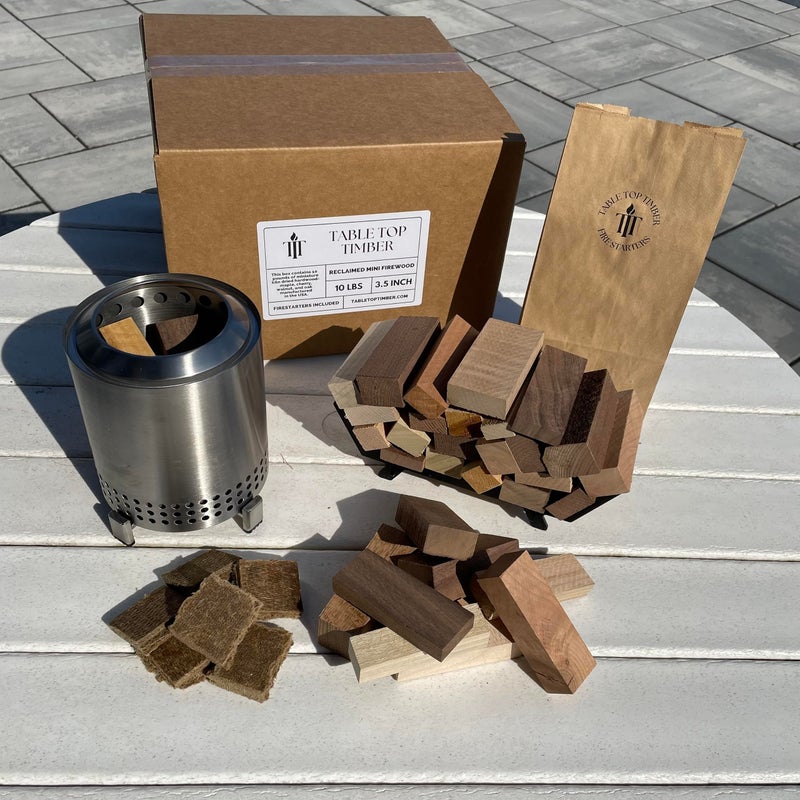 Table Top Timber Mini Fire Wood and Fire Starters  5 OR 10 LB of Reclaimed Kiln Dried Sustainable Firewood  35 OR 55 Lengths  Compatible with Solo Stove Mesa OR Mesa XL Tabletop Fire Pit 5 lbs of 35 Length