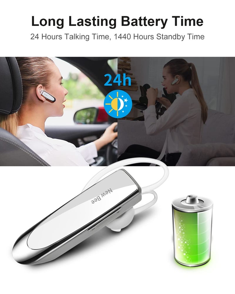New bee Bluetooth Earpiece V5.0 Wireless Handsfree Headset with Microphone 24 Hrs Driving Headset 60 Days Standby Time for iPhone Android Samsung Laptop Trucker Driver (White) - Image 3
