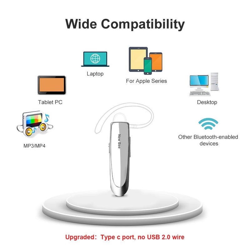 New bee Bluetooth Earpiece V5.0 Wireless Handsfree Headset with Microphone 24 Hrs Driving Headset 60 Days Standby Time for iPhone Android Samsung Laptop Trucker Driver (White) - Image 5