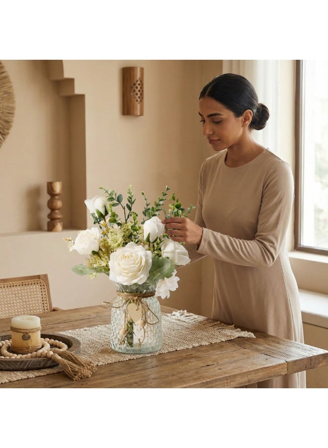 YQbest Artificial Flowers with Vase, Silk Roses Artificial Flowers in Vase, Faux Flower Arrangement with Vase Suitable for Home Office Decoration, Dining Table Centerpiece - Image 2