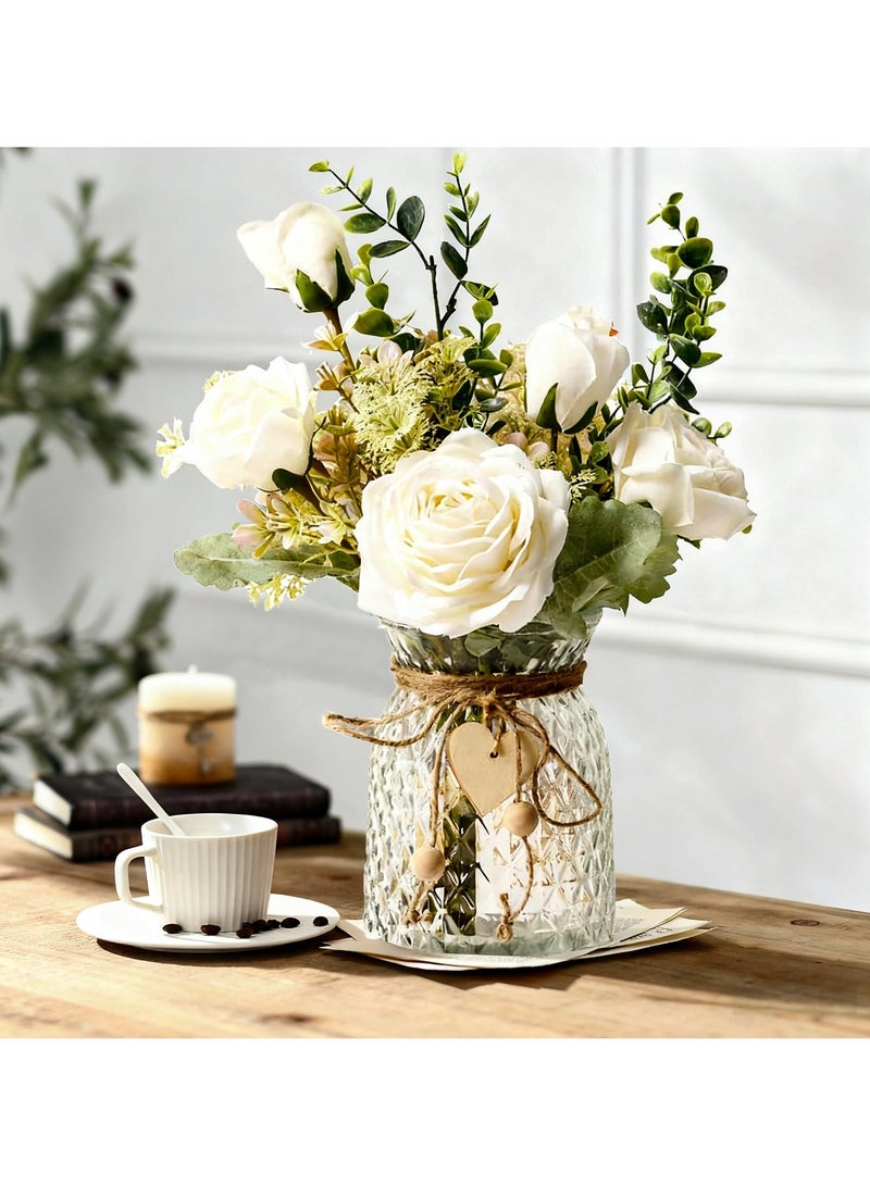YQbest Artificial Flowers with Vase, Silk Roses Artificial Flowers in Vase, Faux Flower Arrangement with Vase Suitable for Home Office Decoration, Dining Table Centerpiece - Image 1