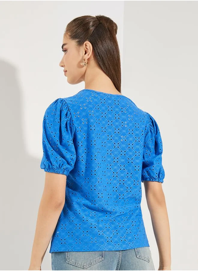 Styli Schiffli V Neck Top with Puff Sleeves