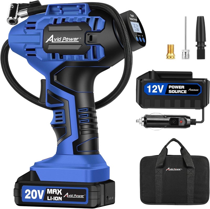 AVID POWER Cordless Tire Inflator Portable Air Compressor, 20V Rechargeable Battery Tire Pump w/ 12V DC Power Adapter, Digital Pressure Gauge, Auto Air Pump for Many Inflatables (Blue) - Image 1