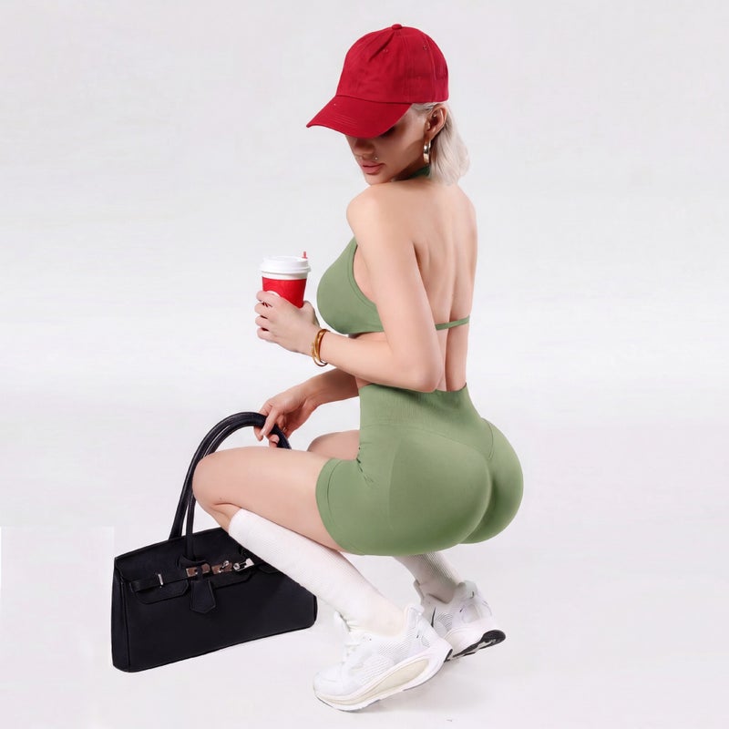 DF Sports Yoga Set for Women - Halter Neck Bra, Waist Control Shorts, and Peach Butt Fit - Image 1