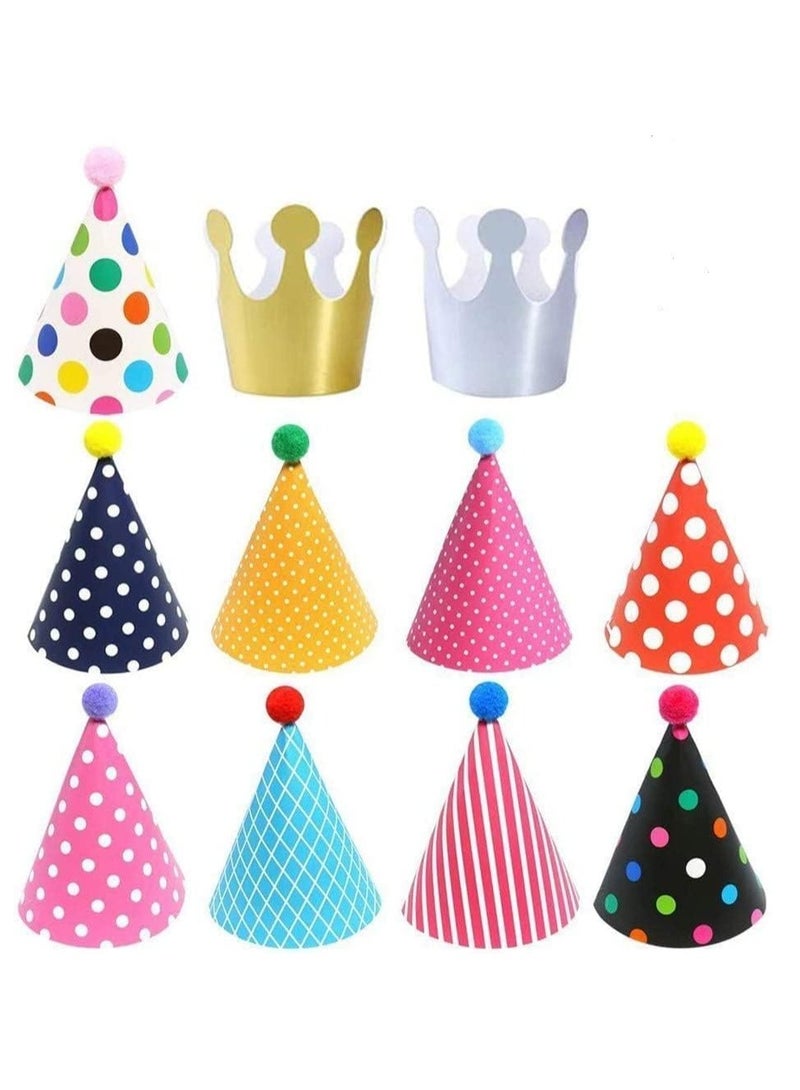 DURKU 11 PCS Birthday Party Cone Hats with Pom Poms, 9 Hats and 2 Crowns, Lovely Cake Birthday Paper Hats for Birthday Celebrations and Party Decorations - Image 1