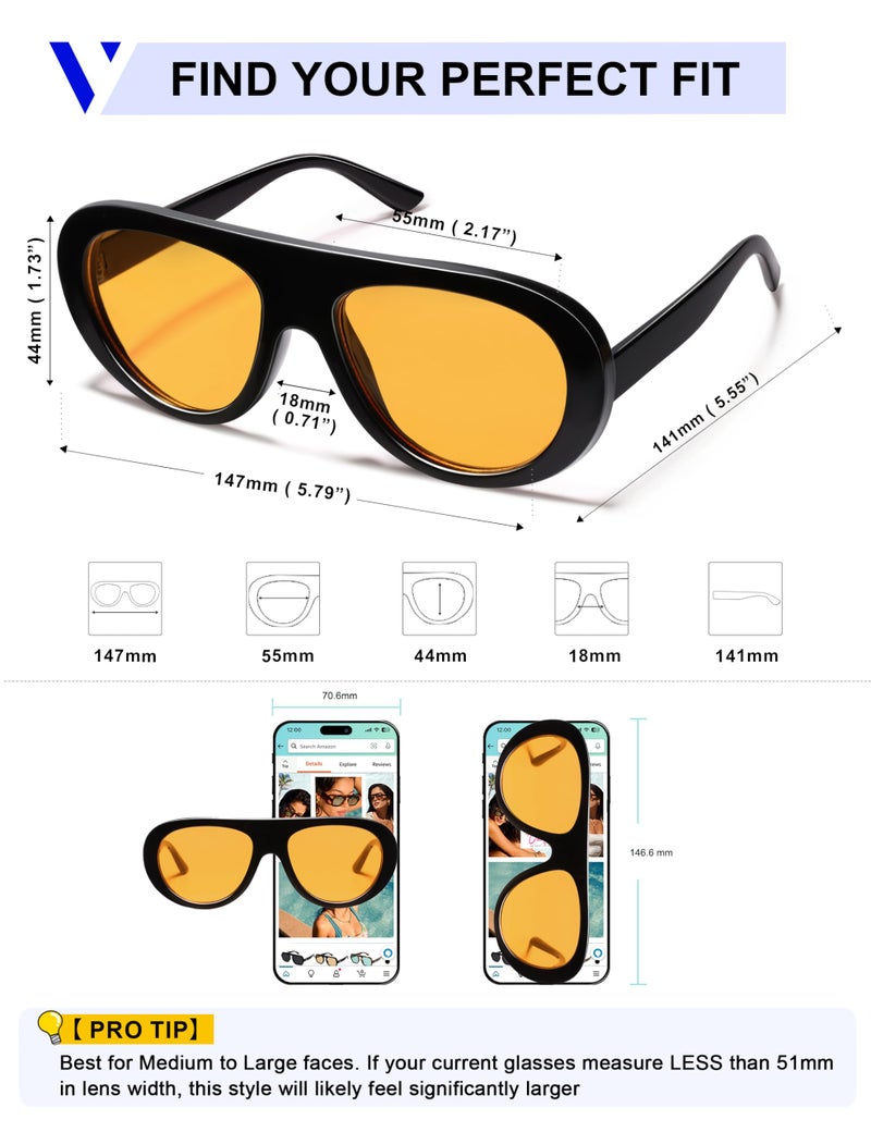 VANLINKER Retro Aviator Sunglasses for Women Chic Classic 70s Vintage Trendy 2025 Chunky Sun Glasses VL9865,Black/Orange - Image 5