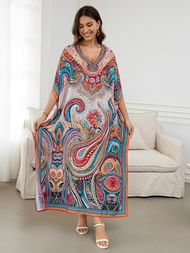 IMAGEKOPE Women's Plus Size Loose Fit Moroccan Print V-Neck Batwing Kaftan Beach Dress Bathing Suit Cover Up - Image 3