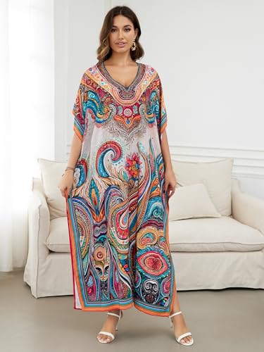 IMAGEKOPE Women's Plus Size Loose Fit Moroccan Print V-Neck Batwing Kaftan Beach Dress Bathing Suit Cover Up - Image 5