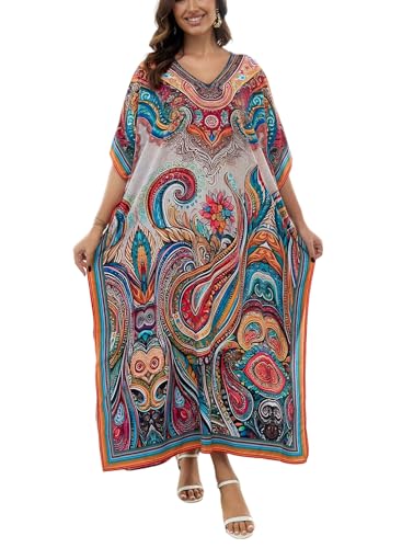 IMAGEKOPE Women's Plus Size Loose Fit Moroccan Print V-Neck Batwing Kaftan Beach Dress Bathing Suit Cover Up - Image 1