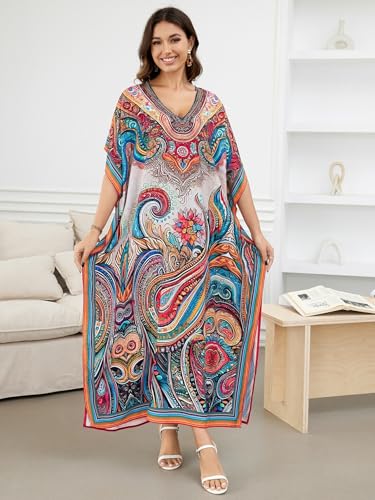 IMAGEKOPE Women's Plus Size Loose Fit Moroccan Print V-Neck Batwing Kaftan Beach Dress Bathing Suit Cover Up - Image 2