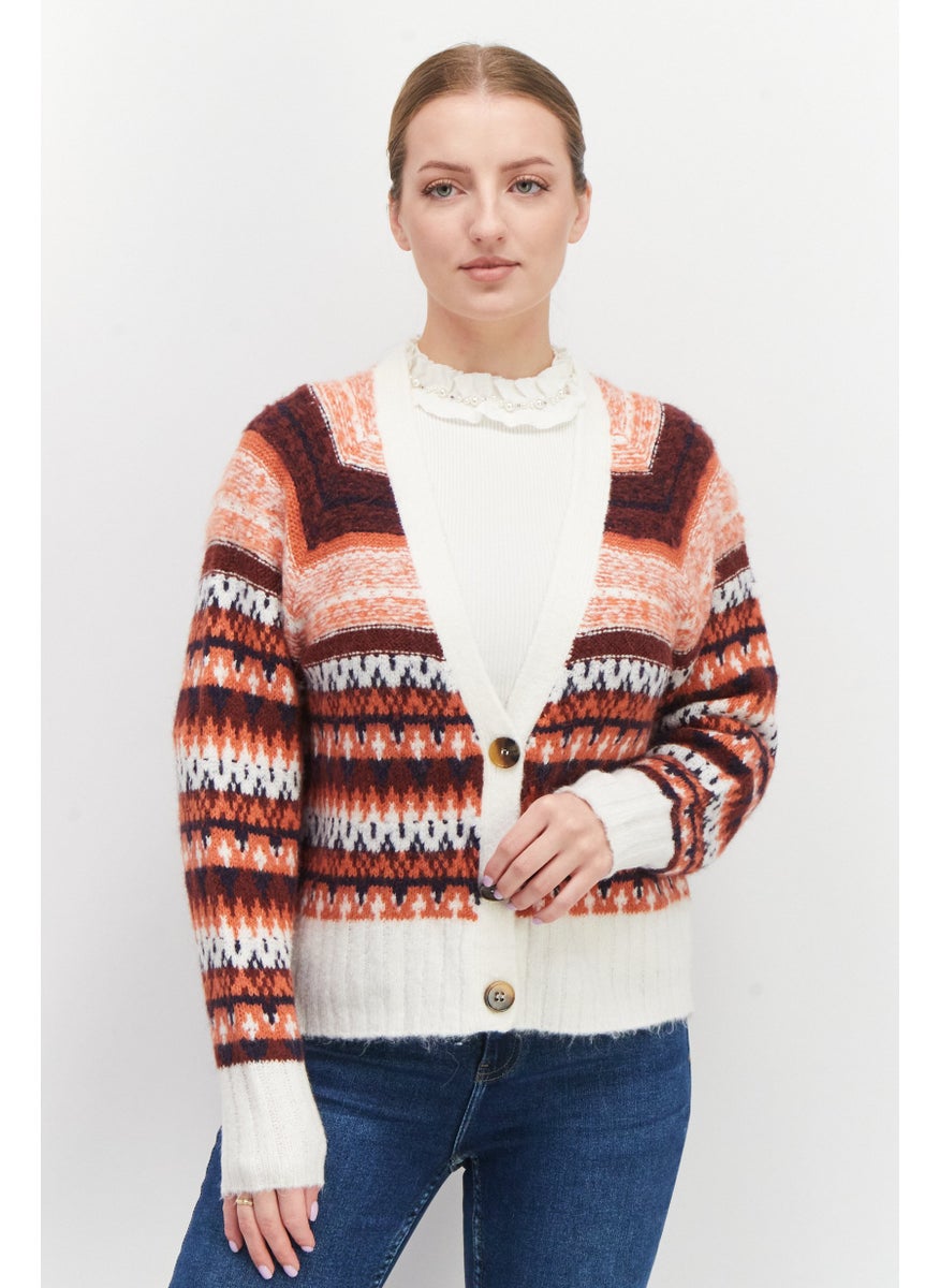 EDC Women V Neck Long Sleeve Knitted Sweater, Maroon Combo  - Image 1