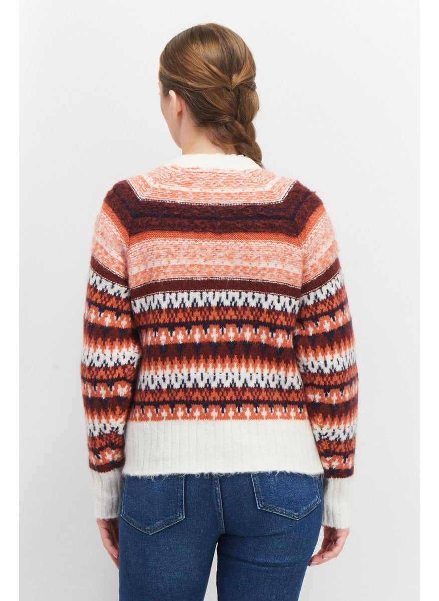 EDC Women V Neck Long Sleeve Knitted Sweater, Maroon Combo  - Image 3