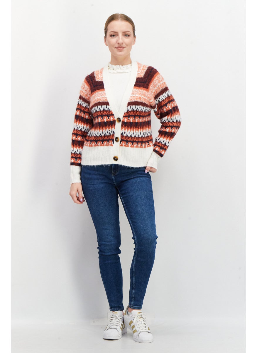 EDC Women V Neck Long Sleeve Knitted Sweater, Maroon Combo  - Image 4