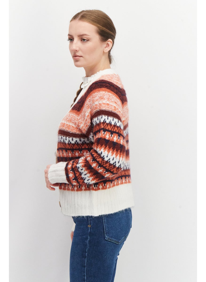 EDC Women V Neck Long Sleeve Knitted Sweater, Maroon Combo  - Image 2