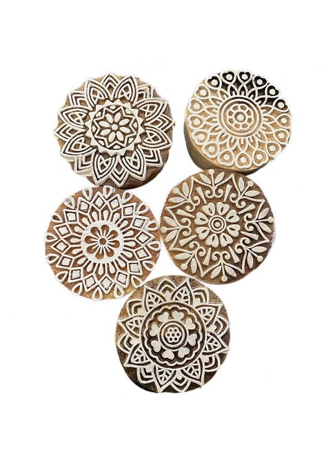 ® Traditional Mehendi Pattern Mandala And Round Wood Block Stamps (Set Of 5) Round Wooden Printing Block Stamp Diy Henna Fabric Textile Paper Clay Pottery Block Printing Stamp
