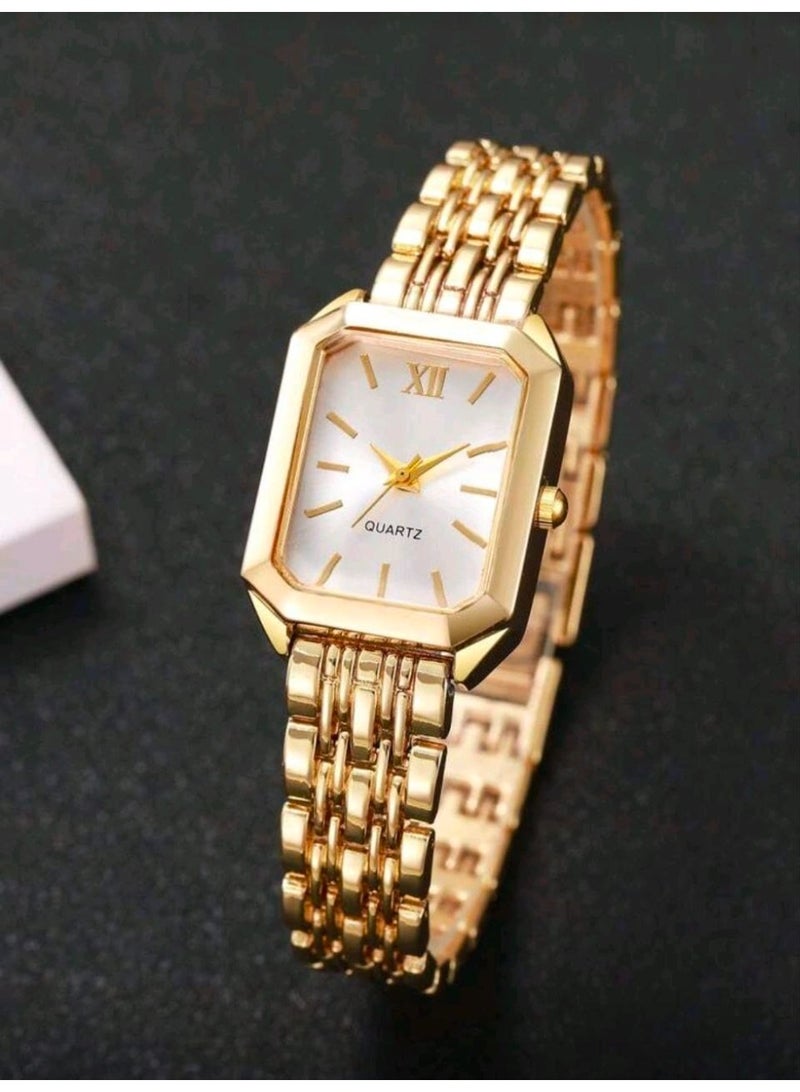 SHEIN-4pcs/Set Women's Elegant Square Roman Numeral Dial Stainless Steel Band Quartz Watch + Bracelet Set, Fashion Casual (Gold) - Image 5