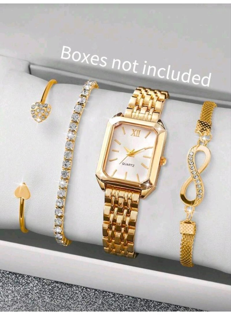 SHEIN-4pcs/Set Women's Elegant Square Roman Numeral Dial Stainless Steel Band Quartz Watch + Bracelet Set, Fashion Casual (Gold) - Image 2