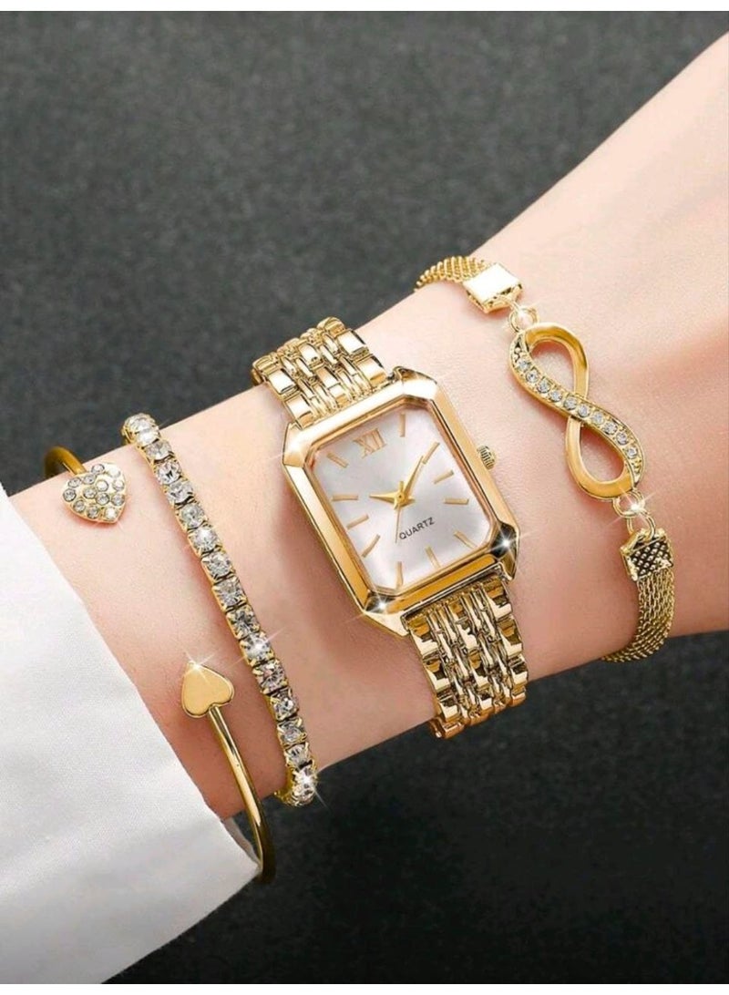 SHEIN-4pcs/Set Women's Elegant Square Roman Numeral Dial Stainless Steel Band Quartz Watch + Bracelet Set, Fashion Casual (Gold) - Image 1
