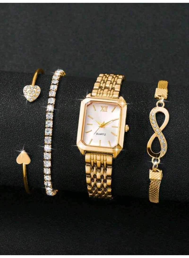 SHEIN-4pcs/Set Women's Elegant Square Roman Numeral Dial Stainless Steel Band Quartz Watch + Bracelet Set, Fashion Casual (Gold) - Image 3