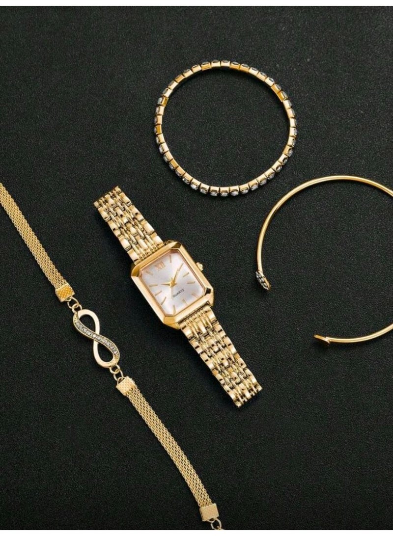 SHEIN-4pcs/Set Women's Elegant Square Roman Numeral Dial Stainless Steel Band Quartz Watch + Bracelet Set, Fashion Casual (Gold) - Image 4