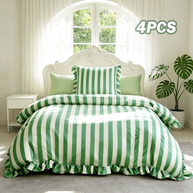 5pcs Striped Pattern Bedding, Includes 1 Duvet Cover + 4 Pillowcases (No Inserts), Ruffled Washed Fiber Duvet Cover and Pillowcases, Essential for Exquisite Home Decor, Mother's Day Birthday Gift Set - Image 1