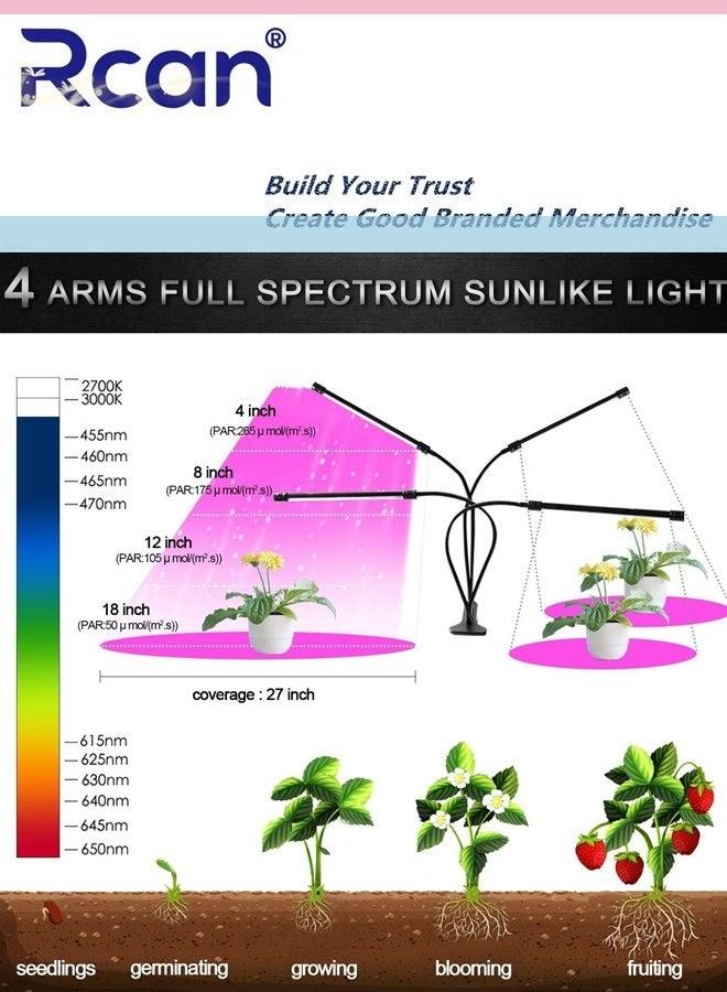 Rcan 4 Head Grow Light for Indoor Plants, Clip on Grow Lights with Timer, Full Spectrum Grow Lights for Seed Starting Adjustable Gooseneck suitable for Indoor Plant Seedlings Various Plants Growth - Image 3