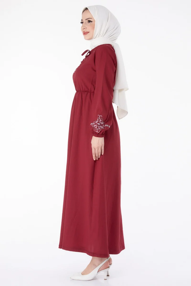 Tofisa Plain Crew Neck Women's Burgundy Long Sleeve Embroidered Dress - 13124