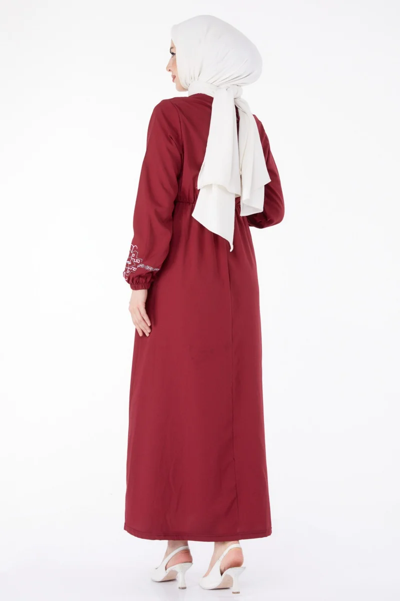 Tofisa Plain Crew Neck Women's Burgundy Long Sleeve Embroidered Dress - 13124