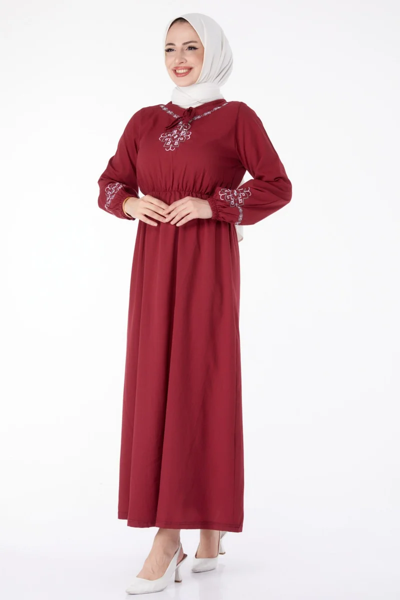 Tofisa Plain Crew Neck Women's Burgundy Long Sleeve Embroidered Dress - 13124