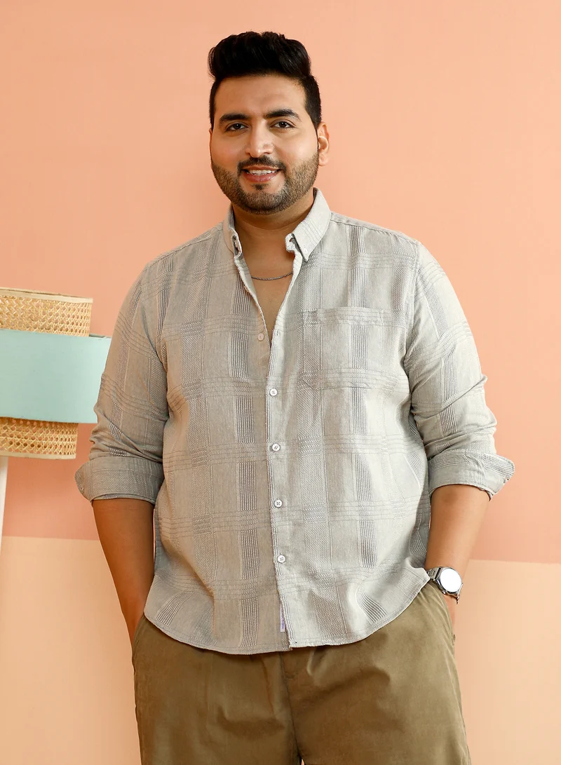 Instafab Plus Instafab Plus Men's Coin Grey Self-Check Woven Regular Shirt For Casual Wear | Spread Collar | Long Cuffed Sleeves | Button Closure | Plus Size Shirt Crafted With Comfort Fit For Everyday Wear