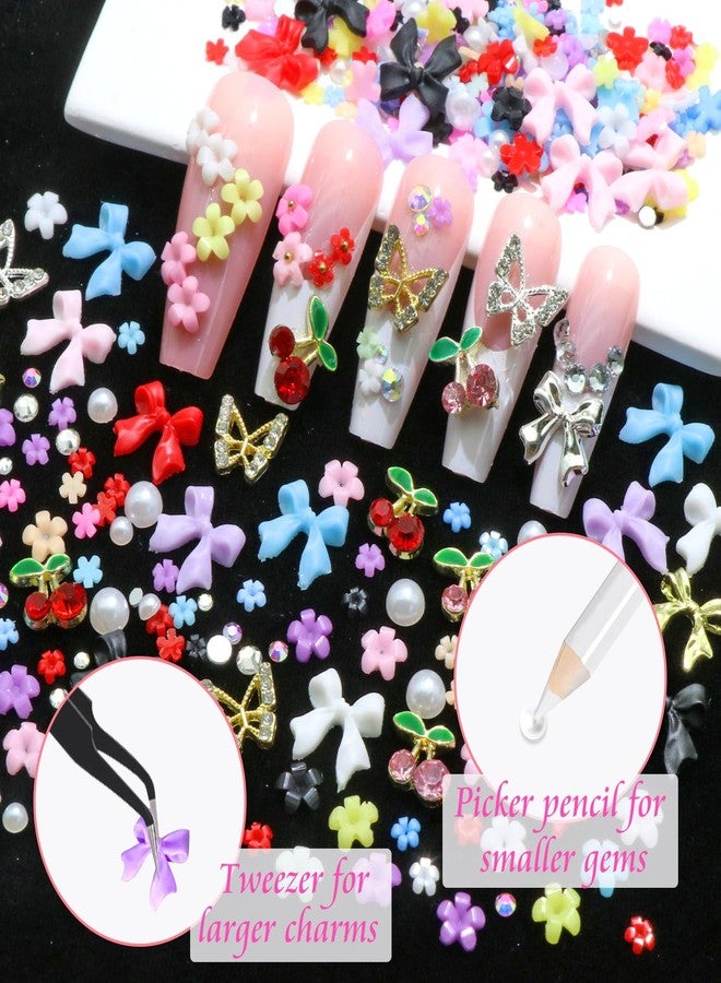 BELICEY 3D Nail Charms Set, Mix Color Flower Bow Nail Art Charms, Half Round Pearls Flatback Gems AB Rhinestones, Alloy Cherry Butterfly Charms for Nail Art DIY Crafts Manicure Supplies Accessories - Image 5