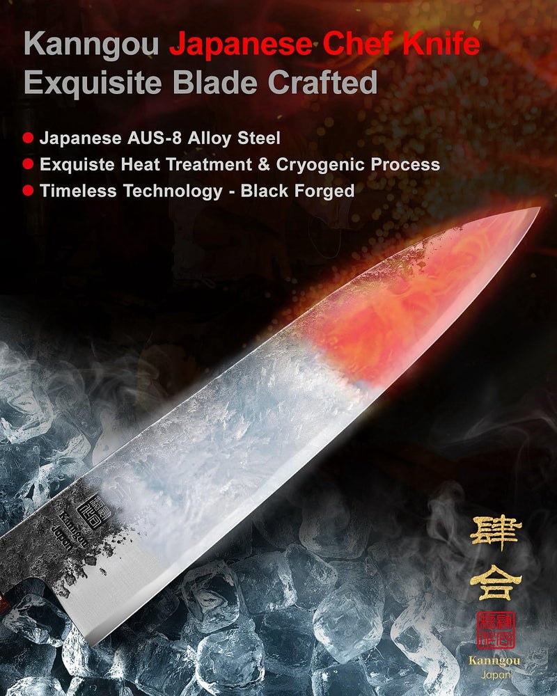 kanngou 8.27 Inch Japanese Chef Knife, 210MM Black Forged Japanese Knife with Red Sandalwood and Eboy Wood Handle, Gyuto Chefs Knives with Premium Gift Box (WA Series) - Image 3
