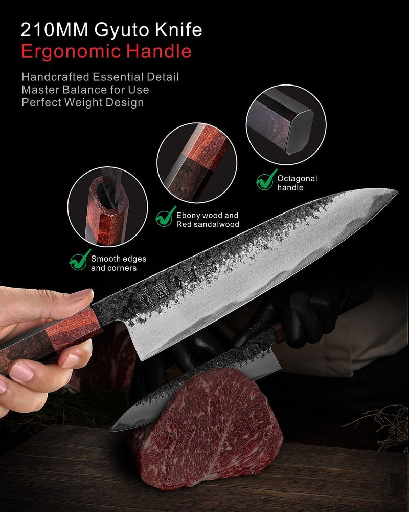 kanngou 8.27 Inch Japanese Chef Knife, 210MM Black Forged Japanese Knife with Red Sandalwood and Eboy Wood Handle, Gyuto Chefs Knives with Premium Gift Box (WA Series) - Image 4