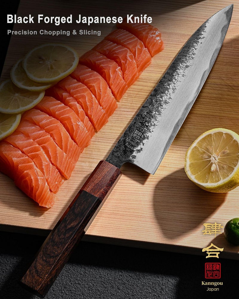 kanngou 8.27 Inch Japanese Chef Knife, 210MM Black Forged Japanese Knife with Red Sandalwood and Eboy Wood Handle, Gyuto Chefs Knives with Premium Gift Box (WA Series) - Image 2