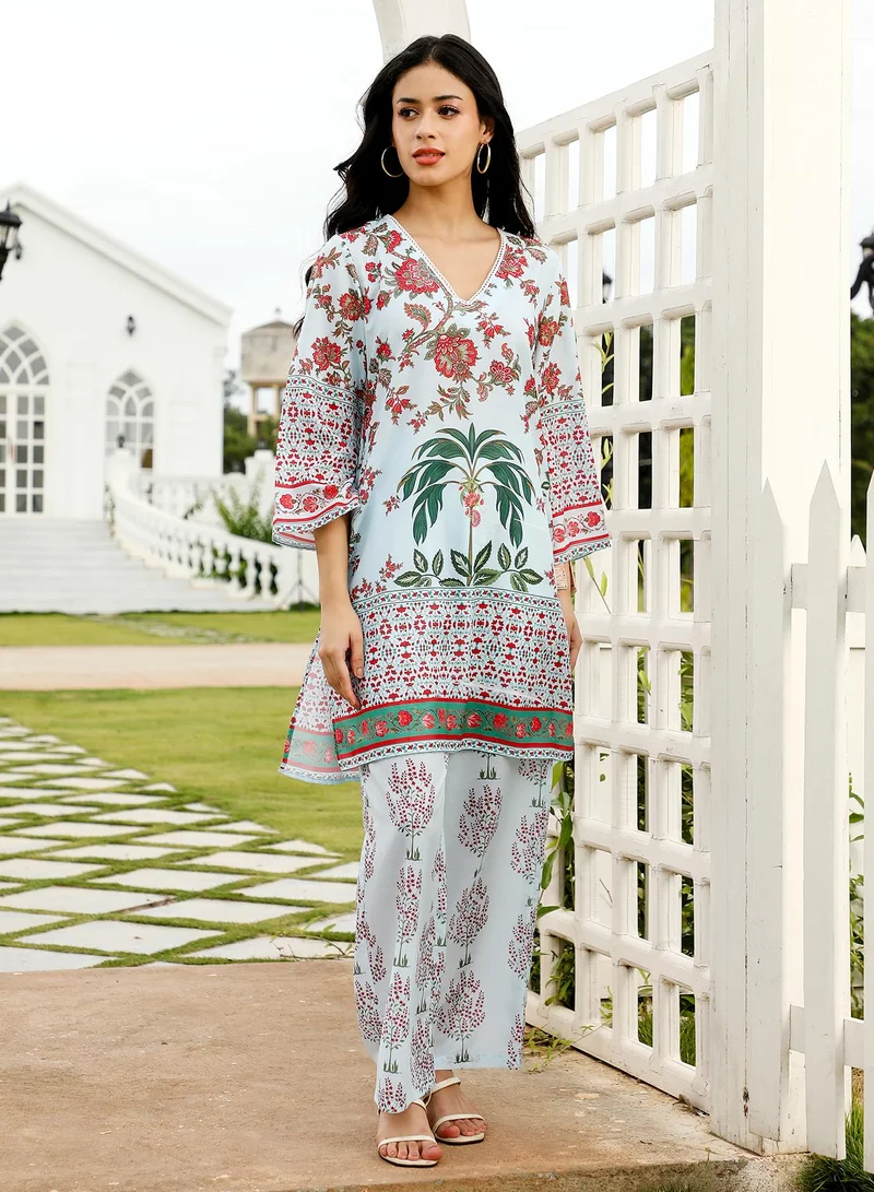  قصة Women's Floral-Harmony Imrpint Kurta Set For Ethnic Wear | V-Neck, Quarter Regular Sleeves | Floral Print Woven Fabric | 3 Piece Kurta Set Designed For Casual & Evening Wear