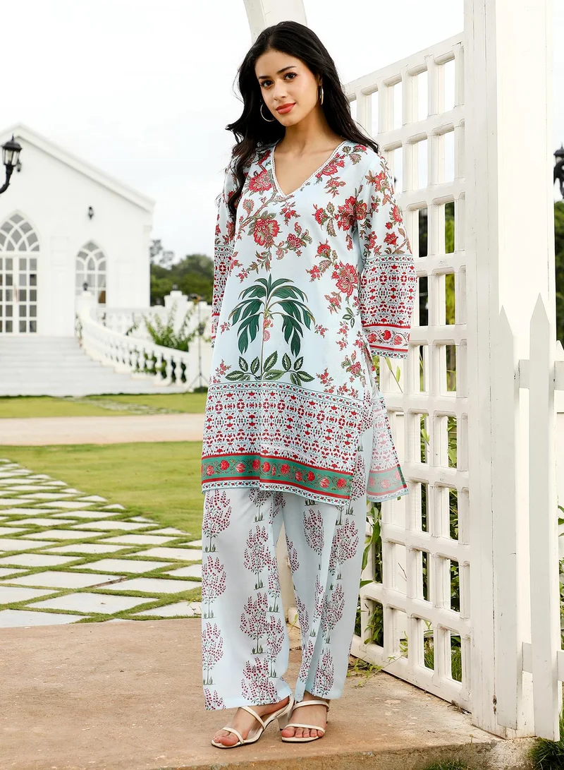 QISSA  Women's Floral-Harmony Imrpint Kurta Set For Ethnic Wear | V-Neck, Quarter Regular Sleeves | Floral Print Woven Fabric | 3 Piece Kurta Set Designed For Casual & Evening Wear for Women | Best Price UAE
