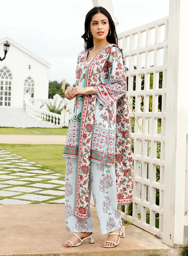 QISSA  Women's Floral-Harmony Imrpint Kurta Set For Ethnic Wear | V-Neck, Quarter Regular Sleeves | Floral Print Woven Fabric | 3 Piece Kurta Set Designed For Casual & Evening Wear for Women | Best Price UAE