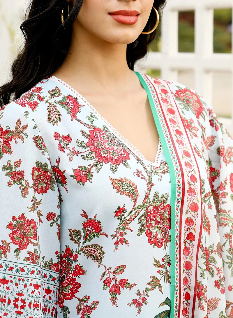 QISSA  Women's Floral-Harmony Imrpint Kurta Set For Ethnic Wear | V-Neck, Quarter Regular Sleeves | Floral Print Woven Fabric | 3 Piece Kurta Set Designed For Casual & Evening Wear for Women | Best Price UAE