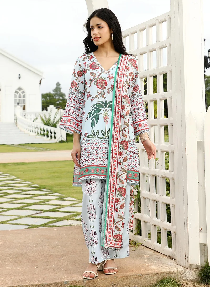 QISSA  Women's Floral-Harmony Imrpint Kurta Set For Ethnic Wear | V-Neck, Quarter Regular Sleeves | Floral Print Woven Fabric | 3 Piece Kurta Set Designed For Casual & Evening Wear for Women | Best Price UAE