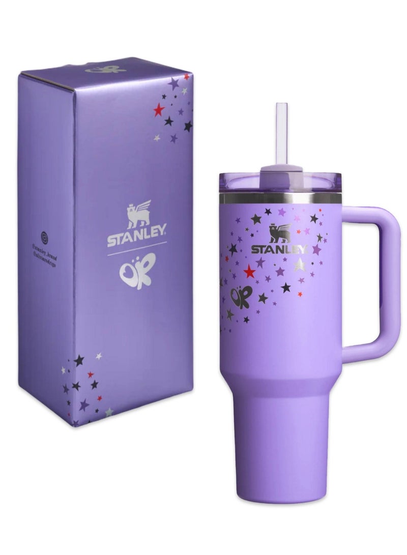 Stanley Stainless Steel Vacuum Insulated Tumbler with Lid and Straw for Water, Iced Tea or Coffee, Smoothie and More, 40Ounce Stainless Steel,Purple With Star - Image 1