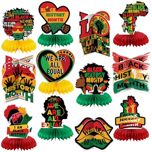 Pickmesh 12 Pieces Black History Month Party Decorations 3D Black History Honeycomb Centerpieces Table Decor African American BHM Festival Decorations Table Toppers for Party Supplies - Image 1