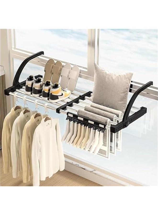 هوكور رف تجفيف ملابس محمول، حامل  قابل للتمدد، مشابك للجوارب ومشابك  التيشرتات، رف غسيل للشرفة وعتبة النافذة، رف قابل للطي للاستخدام الداخلي والخارجي، أسود - Image 1
