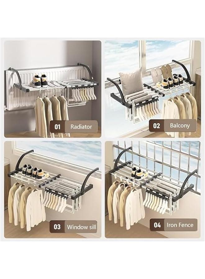 هوكور رف تجفيف ملابس محمول، حامل  قابل للتمدد، مشابك للجوارب ومشابك  التيشرتات، رف غسيل للشرفة وعتبة النافذة، رف قابل للطي للاستخدام الداخلي والخارجي، أسود - Image 2