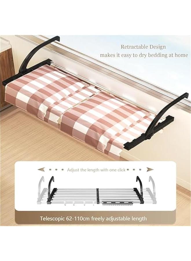 هوكور رف تجفيف ملابس محمول، حامل  قابل للتمدد، مشابك للجوارب ومشابك  التيشرتات، رف غسيل للشرفة وعتبة النافذة، رف قابل للطي للاستخدام الداخلي والخارجي، أسود - Image 3