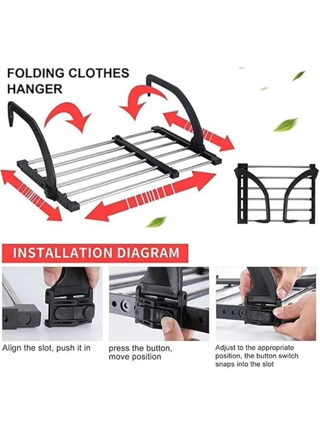 هوكور رف تجفيف ملابس محمول، حامل  قابل للتمدد، مشابك للجوارب ومشابك  التيشرتات، رف غسيل للشرفة وعتبة النافذة، رف قابل للطي للاستخدام الداخلي والخارجي، أسود - Image 5