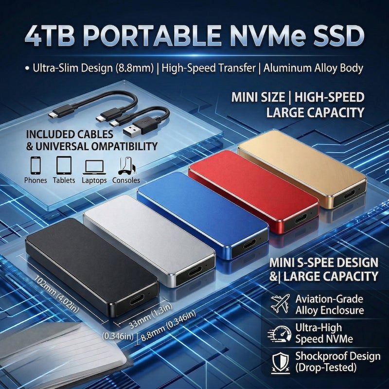 4TB External Portable Solid State Drive High Speed SSD USB 3.1 Large Capacity Compatible with Phones and Computers Durable Lightweight Metal Body for Travel Office Study Photo Video File Backup and Game Expansion - Image 2