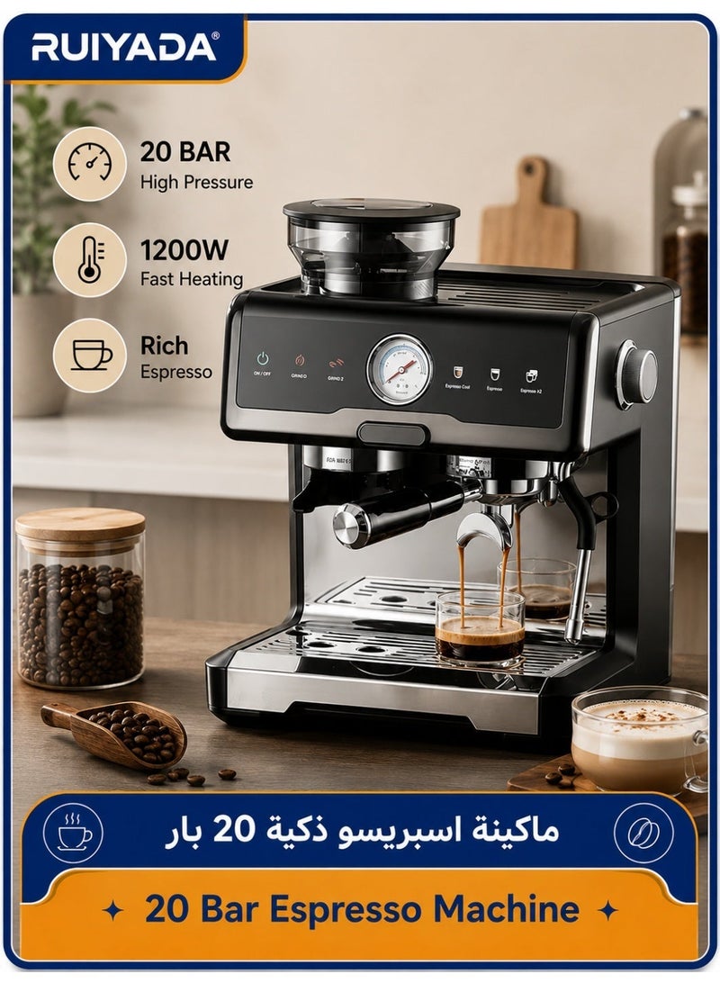 RUIYADA Semi Automatic Espresso Machine(With Grinder) Dual Heating Extraction Coffee Machine, 2.7L/91OZ Removable Water Tank+Milk Frother, 20 Grind Settings, Easy to Operate & Clean - Image 1
